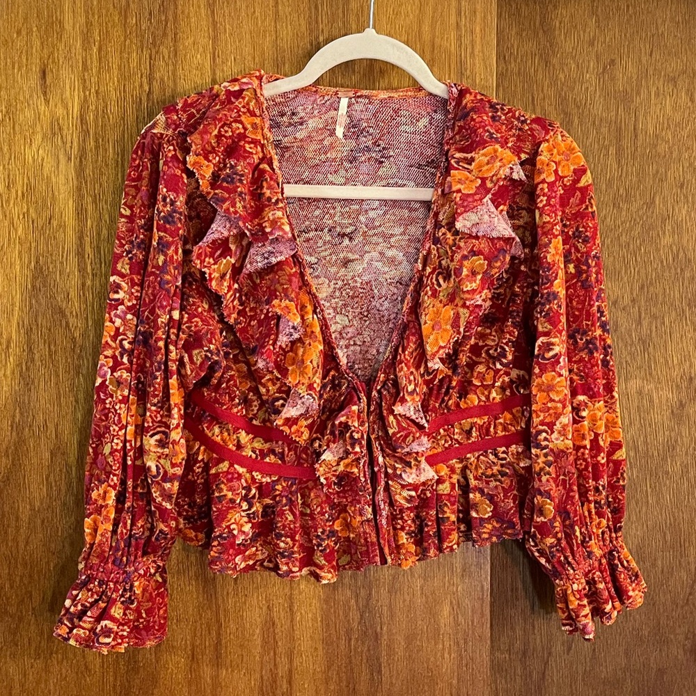 FREE PEOPLE Red & Orange Ruffled Top Sz S